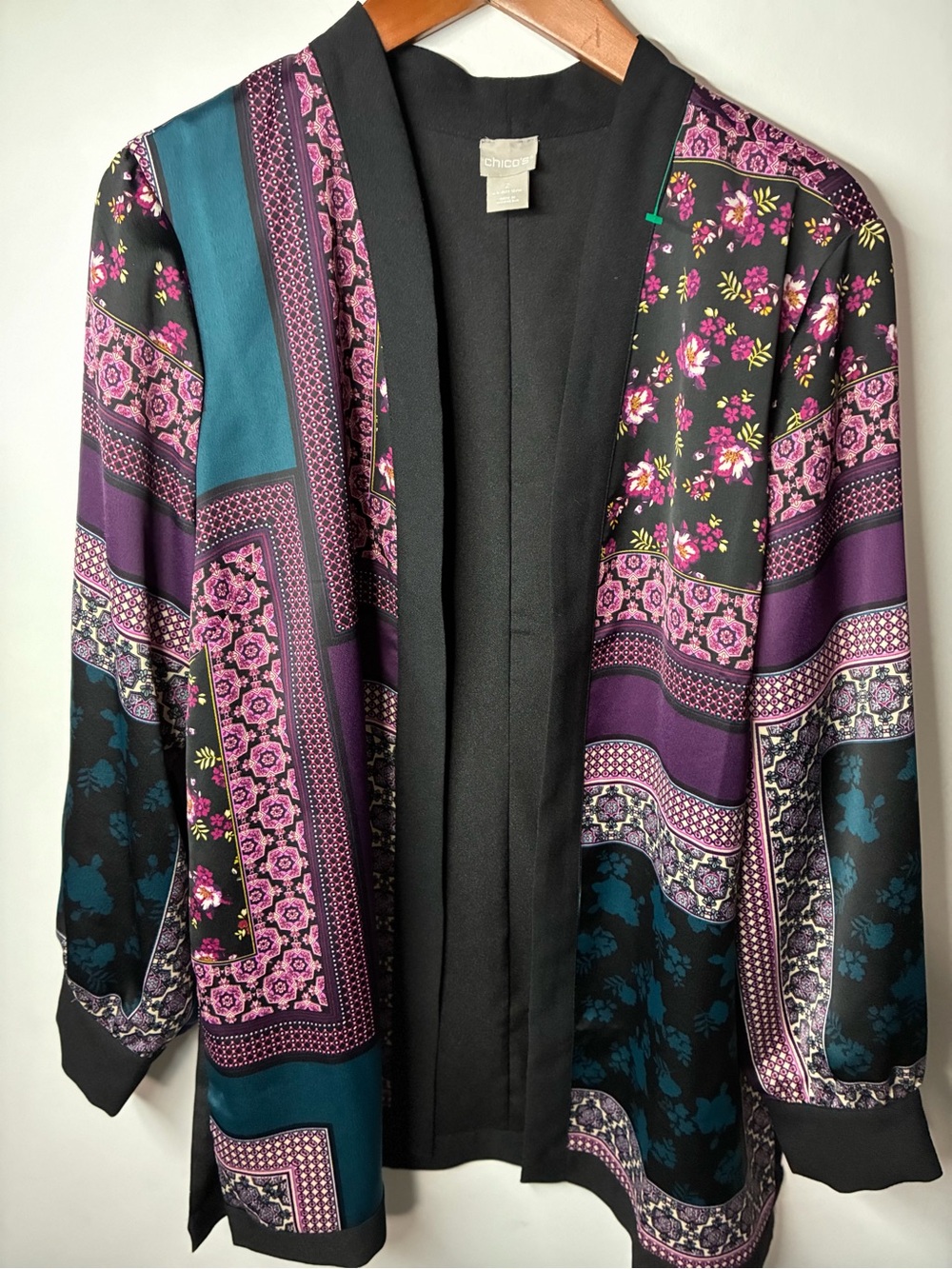 Chico's Black Floral-Print Open Blazer with Purple and Teal Panels